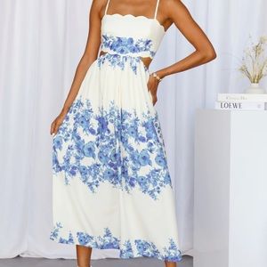 White and blue floral midi dress